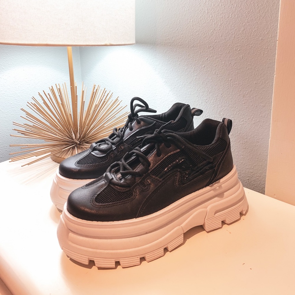Walk On Over Faux Black Leather Platform Sneakers